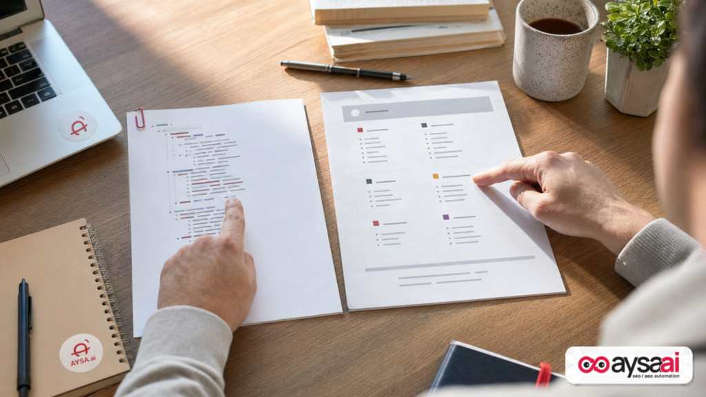 Hands comparing an XML-style document and a categorized HTML sitemap page concept on a desk.