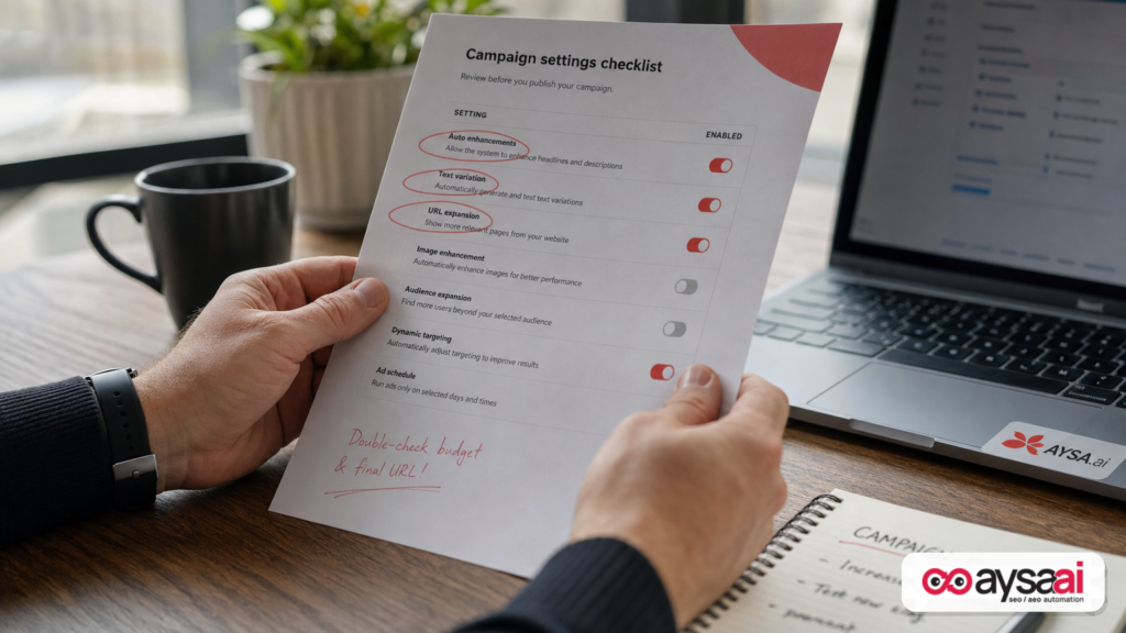 Hands reviewing a printed checklist of ad automation settings that can affect compliance.