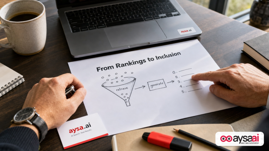 Hands reviewing a worksheet showing the shift from ranking lists to AI-generated inclusion.