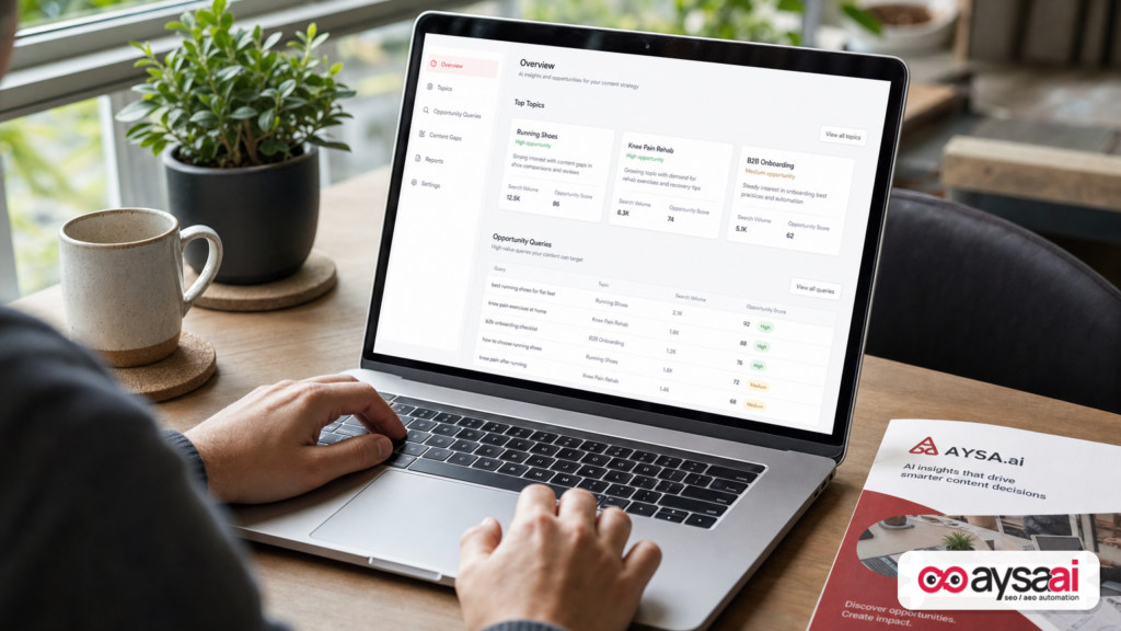 Laptop displaying a generic topic portfolio with opportunity queries for AI search visibility planning.