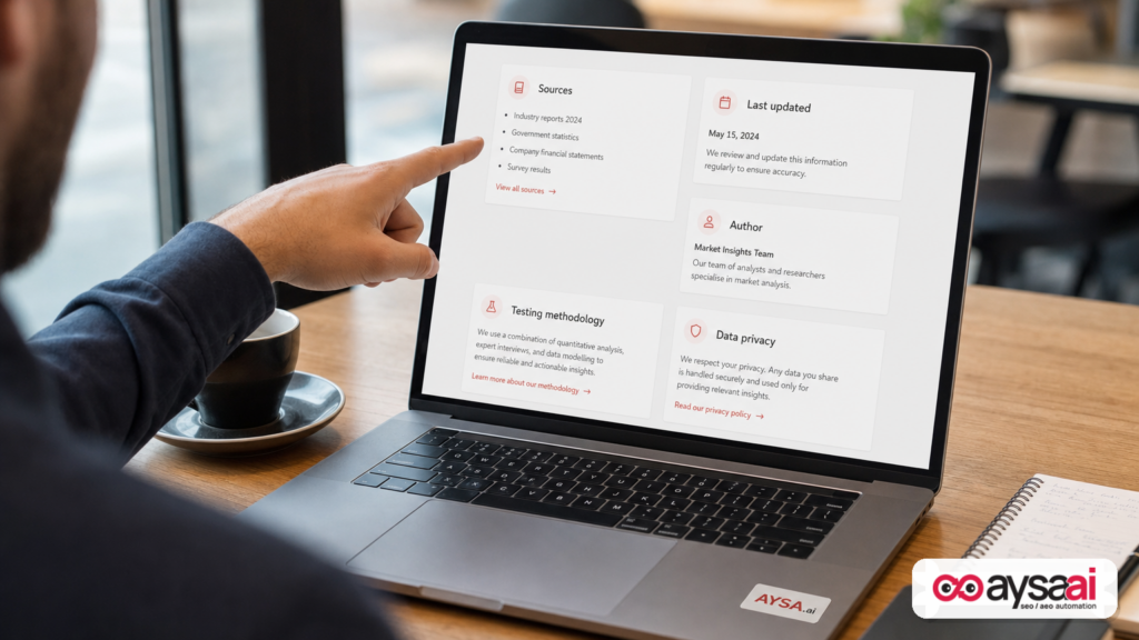 Laptop showing a generic content page mockup with sources, last updated date, and privacy note