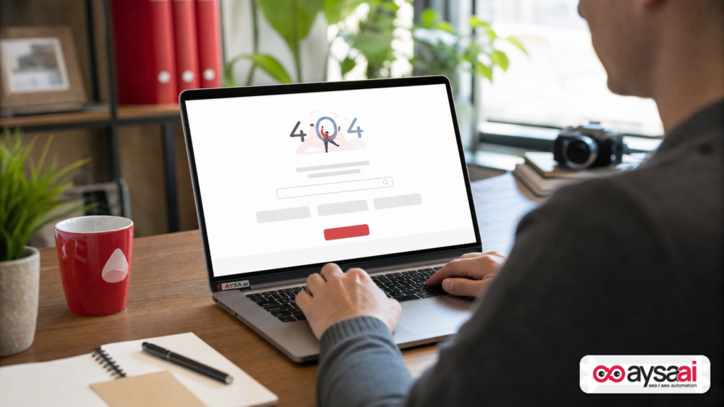Laptop showing a generic helpful custom 404 page layout concept with search and suggested links.