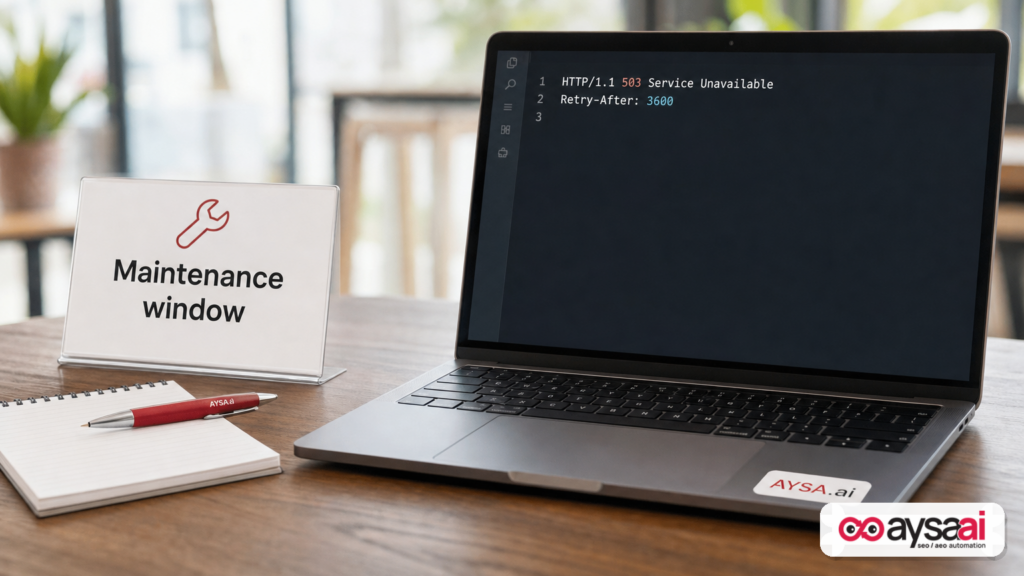 Laptop showing a simple 503 response header example next to a maintenance sign.