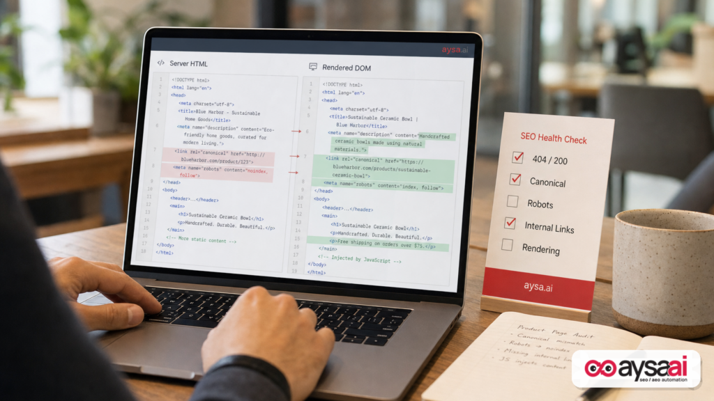 Laptop showing a simplified comparison of server HTML and rendered DOM with a technical SEO checklist beside it.