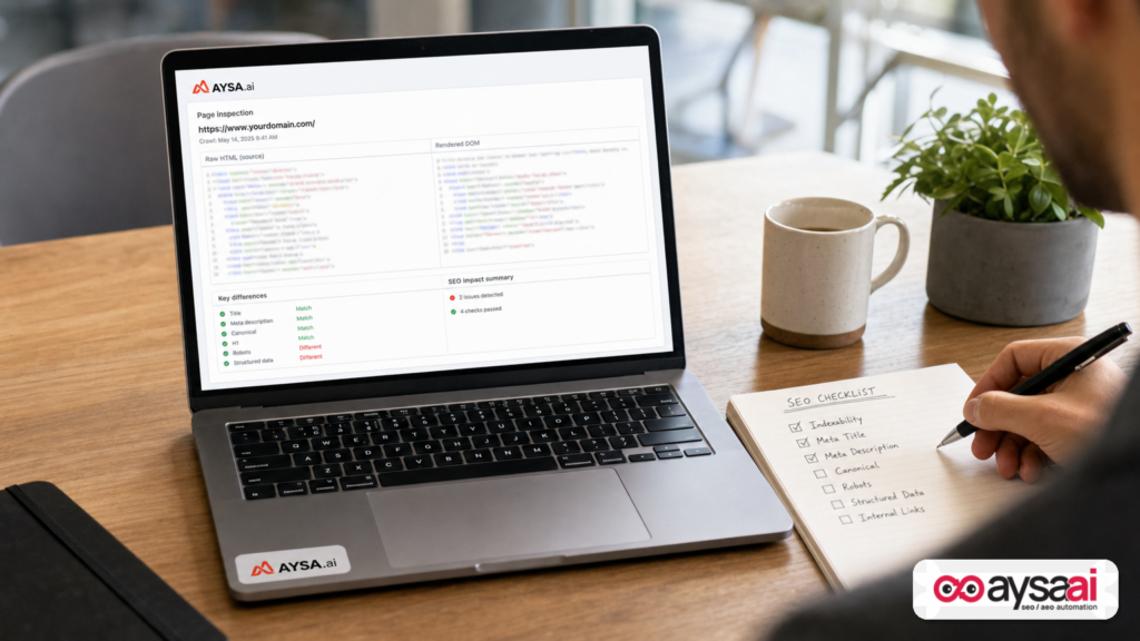 Laptop showing a simplified raw-vs-rendered page comparison while a marketer reviews a checklist.