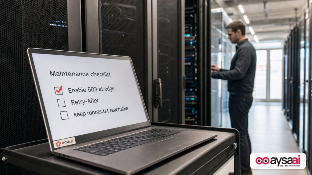 Maintenance checklist emphasizing returning HTTP 503 from the edge during planned downtime.