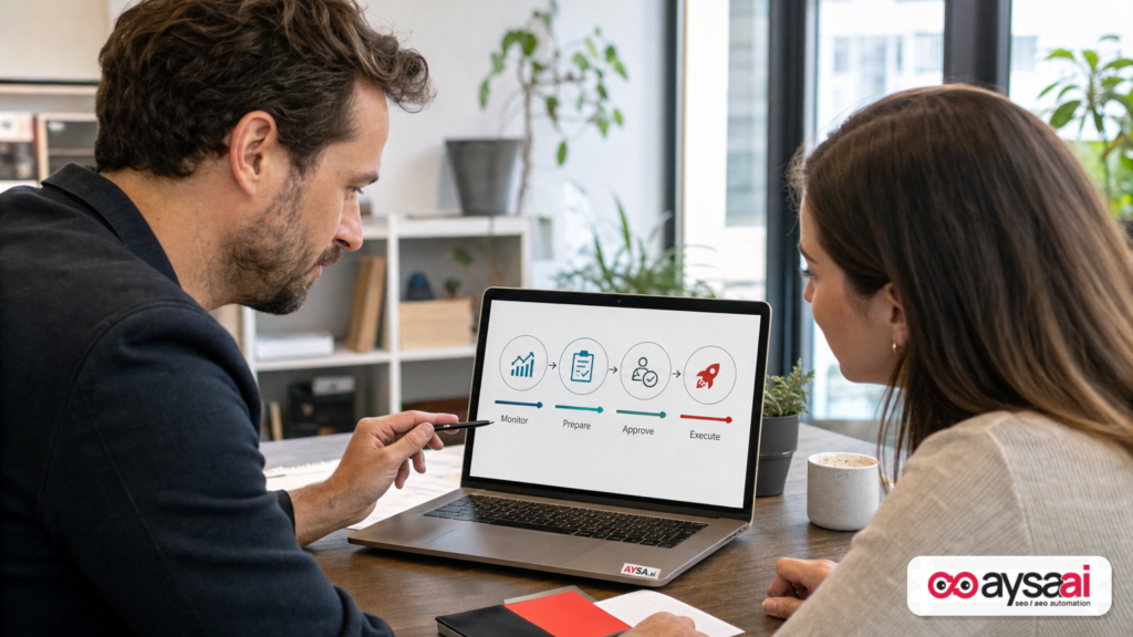 Manager and junior marketer reviewing an AI-era SEO workflow with monitoring and approved execution steps.