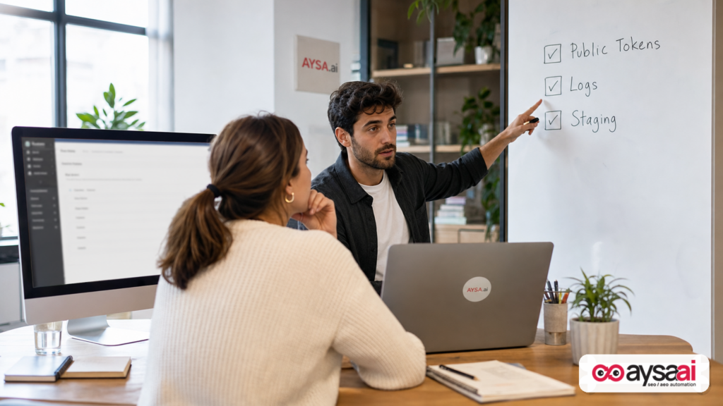 Marketer and developer reviewing an SME website configuration checklist for tokens, logs, and staging.