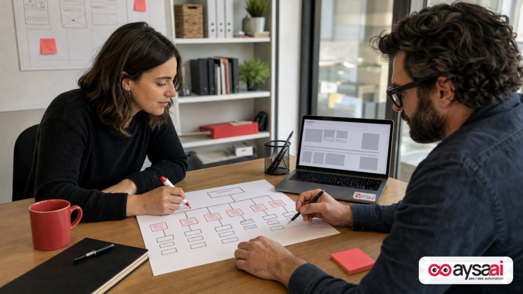 Marketer and developer sketching a category-first website hierarchy for an HTML sitemap.