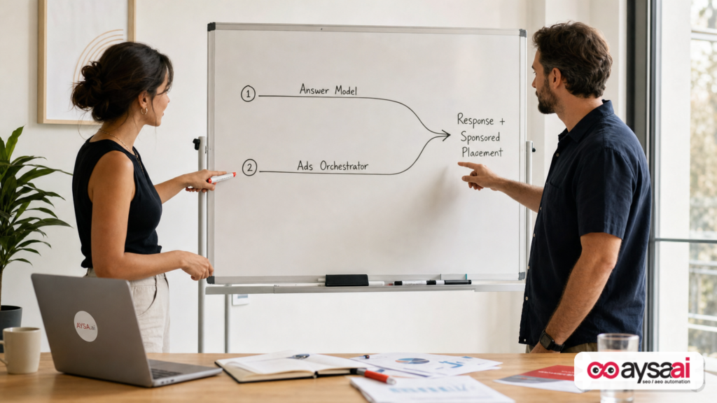 Marketer and founder reviewing a whiteboard diagram of separate AI answer generation and ad selection lanes.