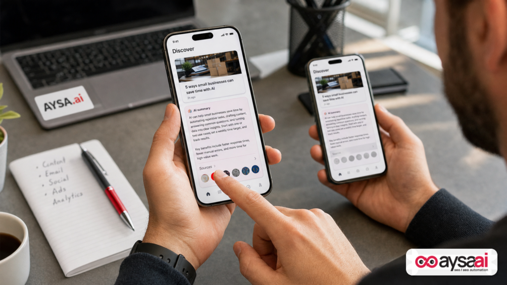 Marketer comparing a working vs. disabled source-tap experience on an AI summary card in a generic discover-style feed.