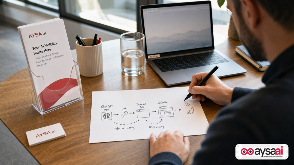 Marketer diagramming how missing referrers and UTM tags can shift ChatGPT clicks into Direct traffic attribution.