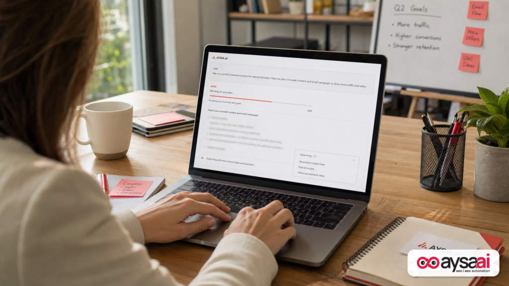 Marketer interacting with a streaming AI answer that continues updating while they read.