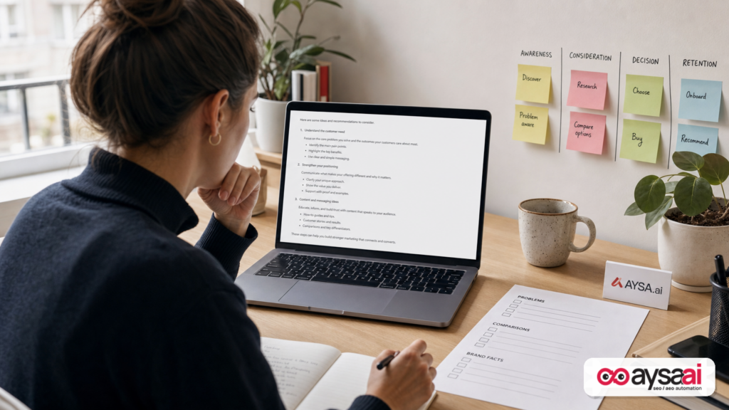 Marketer organizing AI monitoring prompts into problems, comparisons, and brand facts on a desk.