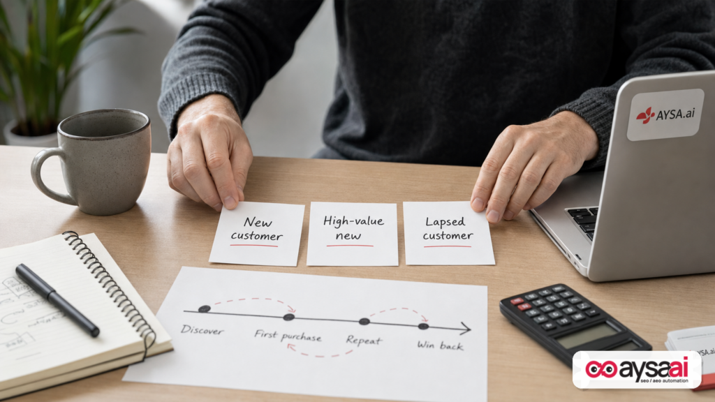Marketer organizing customer lifecycle segments for acquisition and retention bidding.
