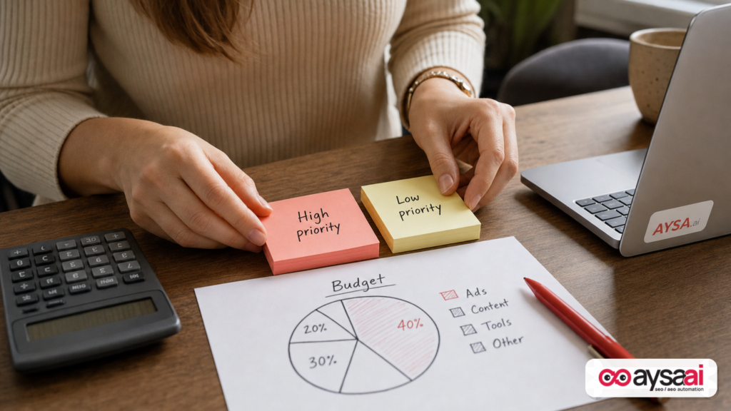 Marketer organizing high- and low-priority ad channels with a capped budget note on a desk