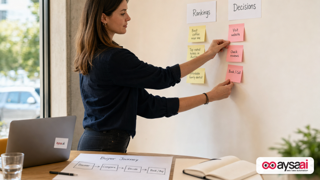Marketer planning content around customer decisions instead of rankings on a sticky-note wall.