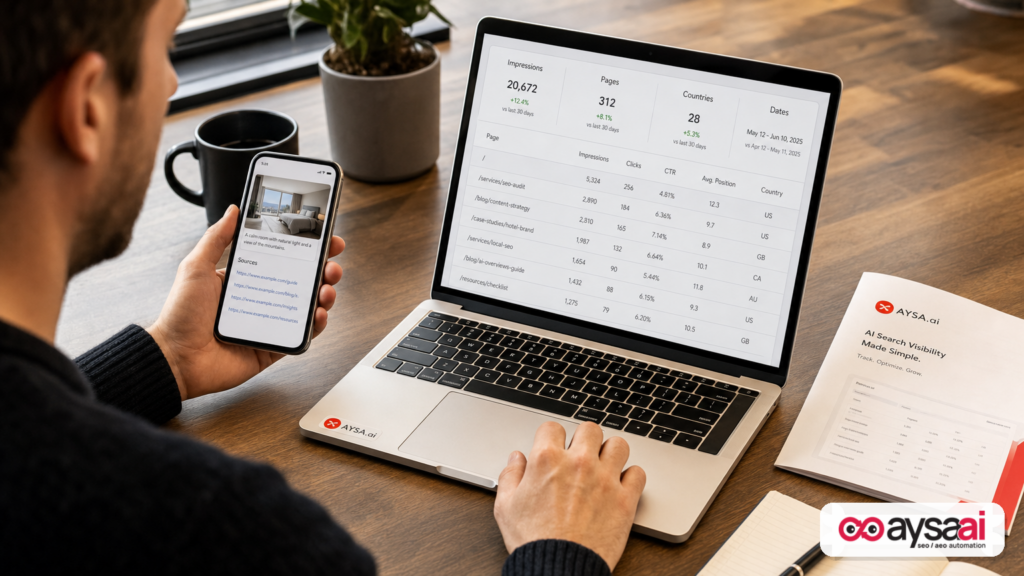 Marketer reviewing a generic impressions report and a feed preview card with source links.
