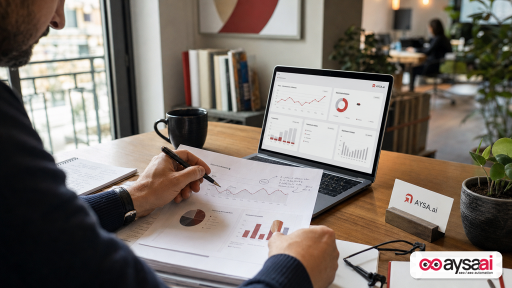 Marketer reviewing a performance report and analytics dashboard as measurement shifts away from rank-only tracking