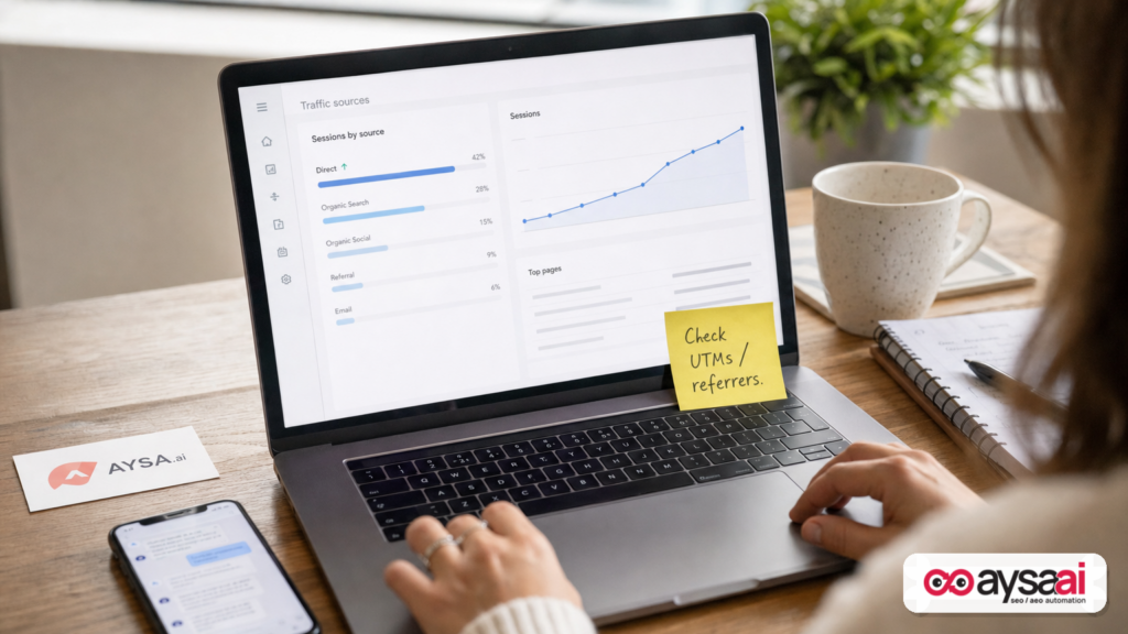 Marketer reviewing a spike in Direct traffic and a reminder to validate UTM tags and referrers.