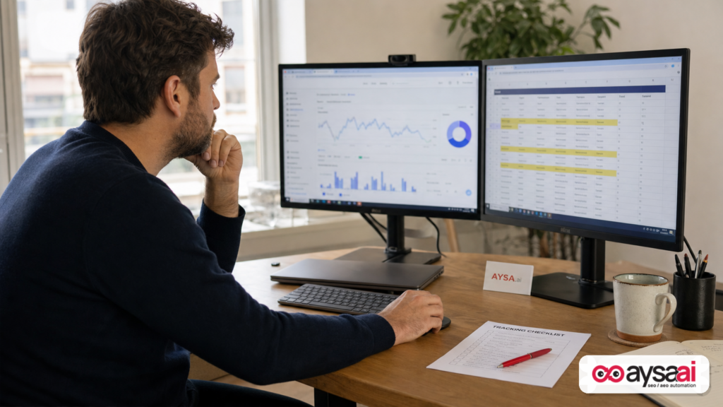 Marketer reviewing analytics and a spreadsheet highlighting ‘Direct/Other’ traffic attribution gaps.