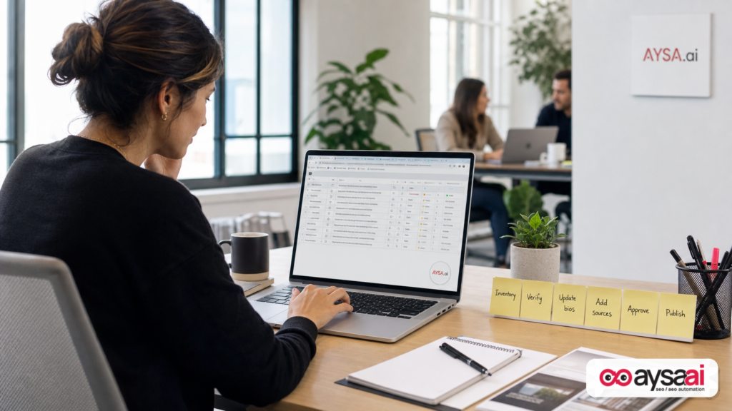 Marketer running an authorship audit checklist before publishing website changes.