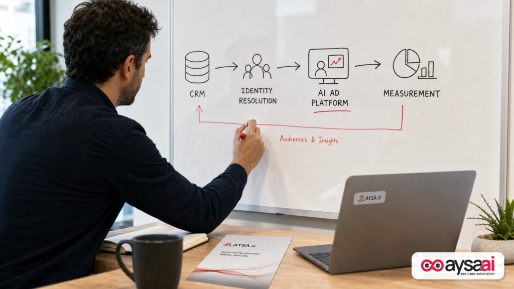 Marketer sketching a first-party audience activation flow from CRM to an AI ad platform on a whiteboard.