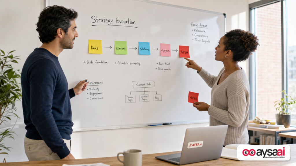 Marketers mapping the shift from link-focused SEO to citation-focused AI visibility on a whiteboard.