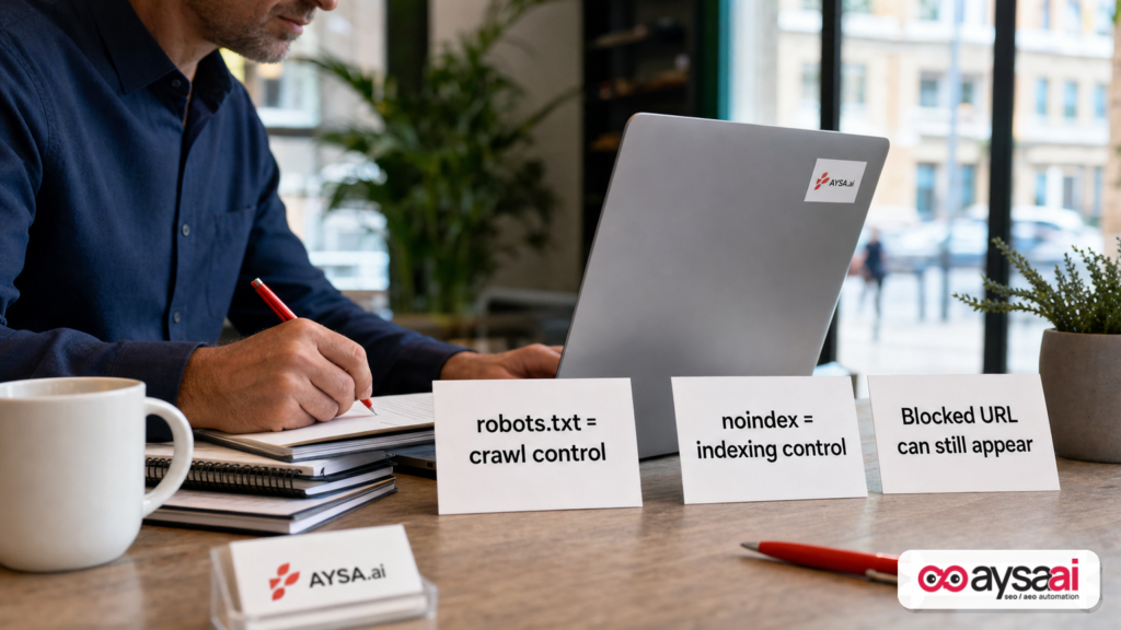 Printed cards showing robots.txt controls crawling while noindex controls indexing, highlighting that blocked URLs can still appear.