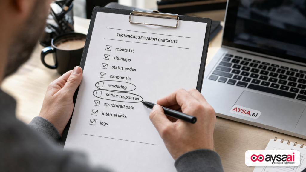 Printed technical SEO audit checklist with items like robots.txt, sitemaps, rendering, and structured data.