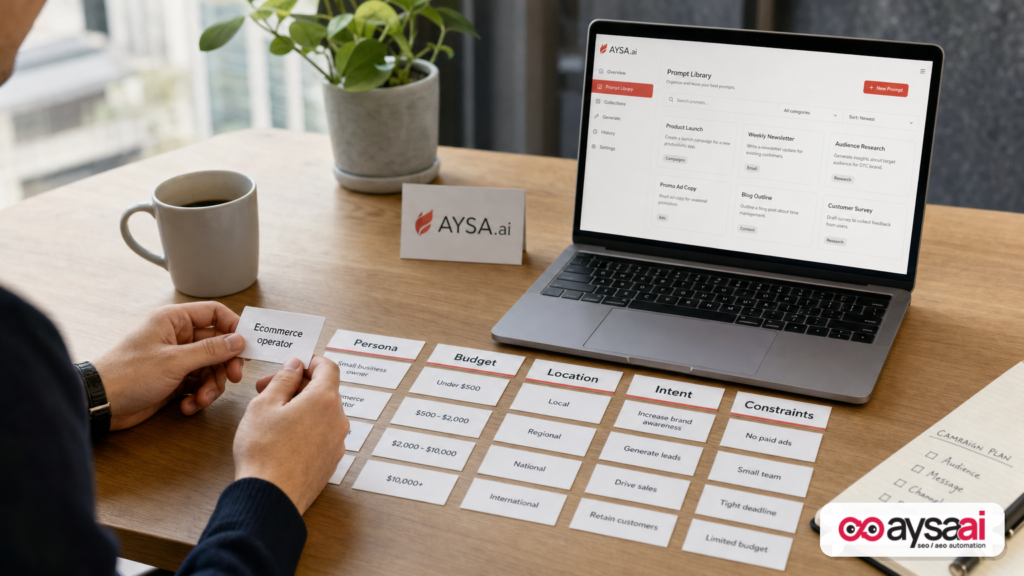 Prompt cards organized by persona, budget, location, and intent next to a laptop.