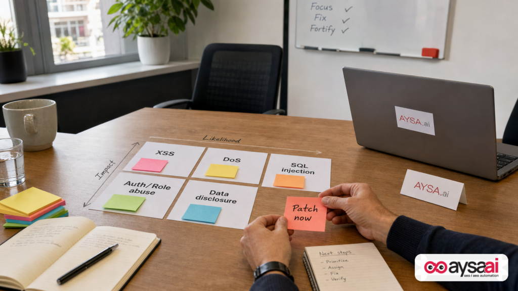 Risk cards showing common WordPress vulnerability types with a patch-now note in a meeting room