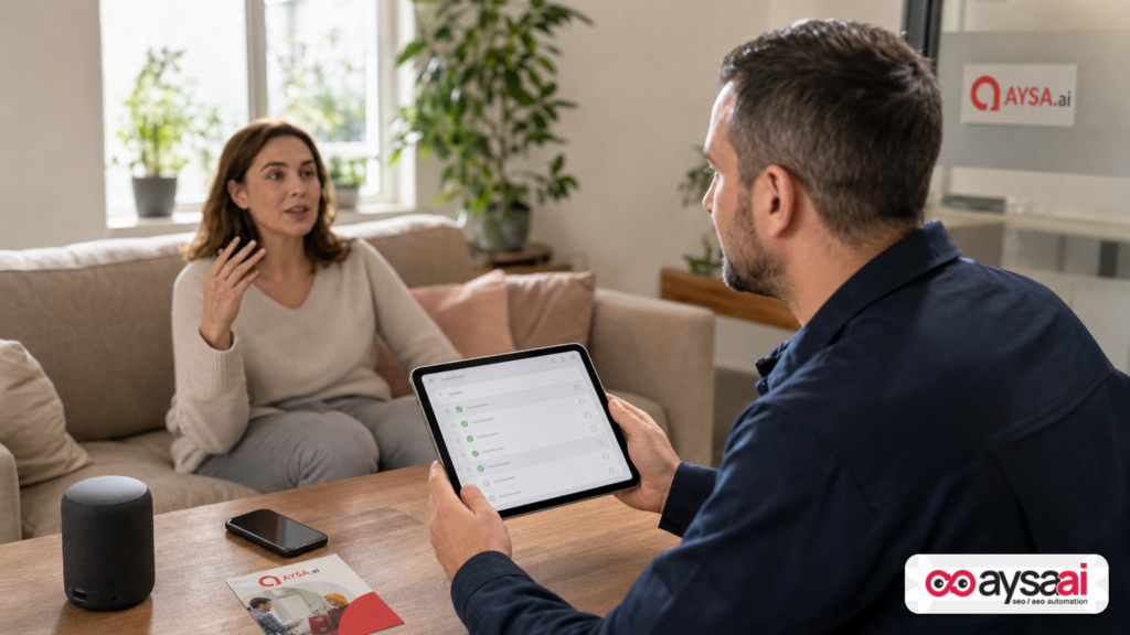 Service business owner reviewing a task checklist on a tablet during a customer call.