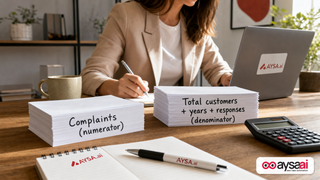 Simple visual metaphor showing complaints compared with total customers, years in business, and response context.