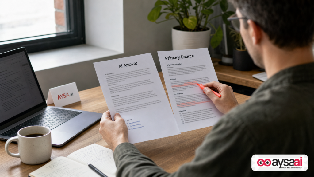 Small business owner comparing an AI answer to original source documents and citations