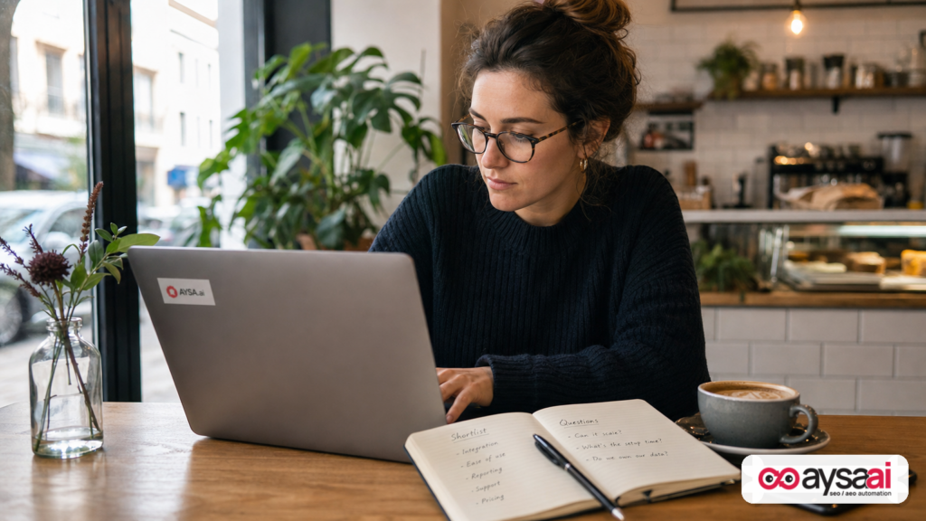 Small business owner researching options in an AI chat interface while taking notes on a shortlist.
