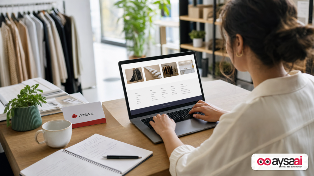 Small business owner reviewing a website footer sitemap link and category navigation page on a laptop.