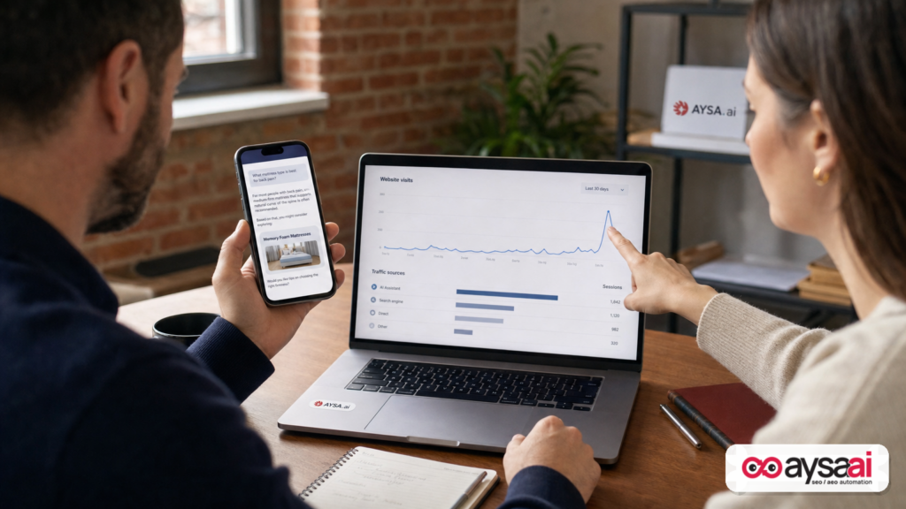 Small business team comparing an AI answer on a phone with a direct traffic spike on a laptop.