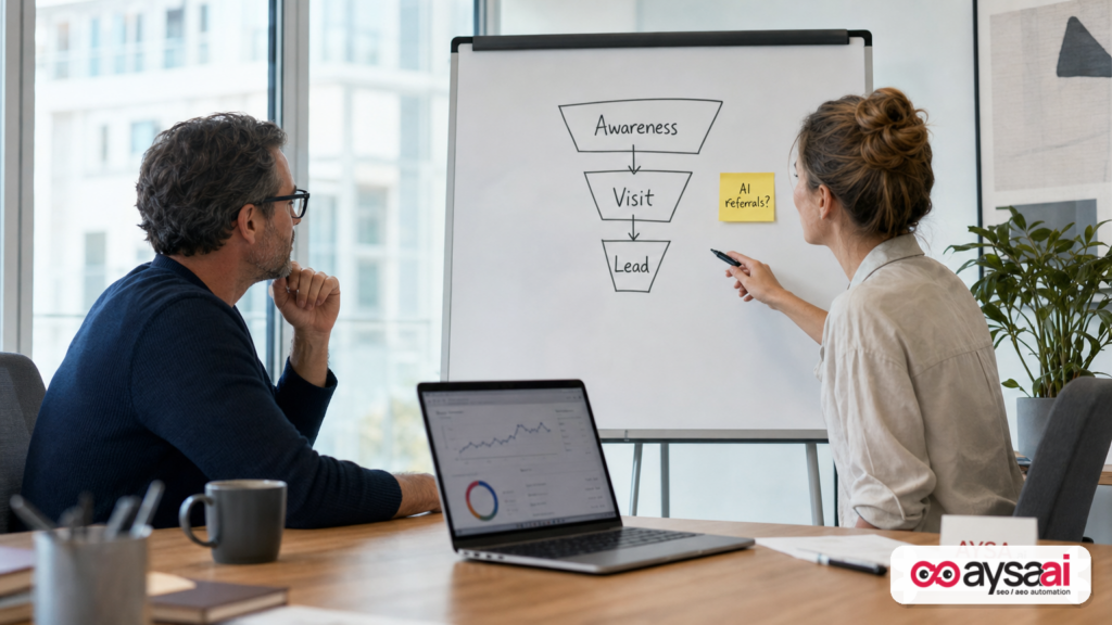 Small business team discussing how AI referral reporting affects budget and lead forecasting.