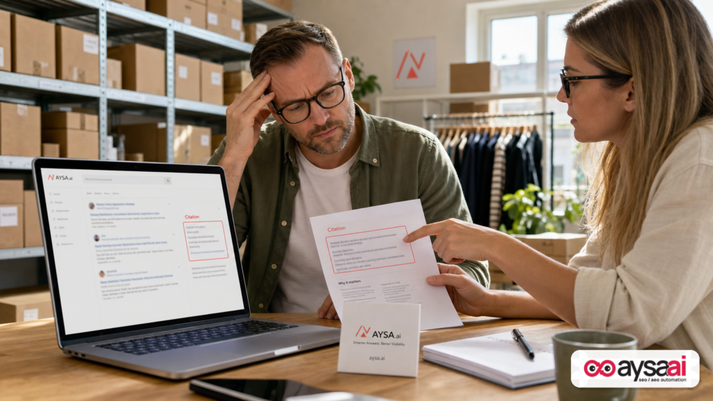 Small ecommerce owner reviewing search visibility and citations with a colleague in an office.