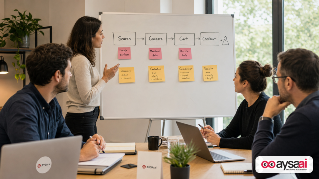 Small ecommerce team mapping a customer journey from search to checkout with sticky notes.