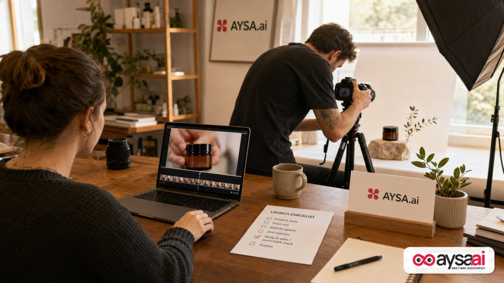 Small ecommerce team preparing product images and short videos with a launch checklist including watermark verification.