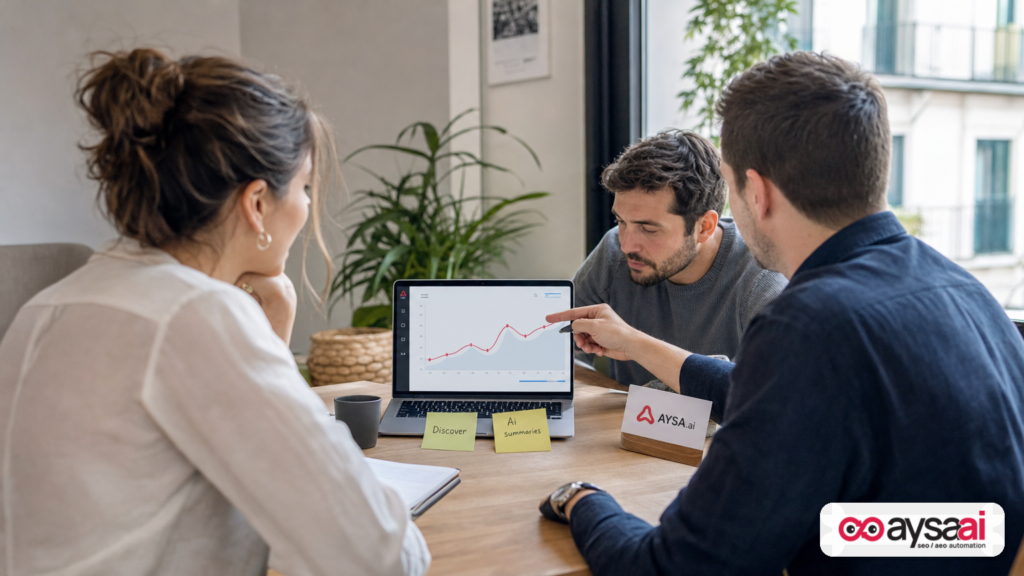 Small ecommerce team reviewing analytics and discussing Discover and AI summary traffic attribution.