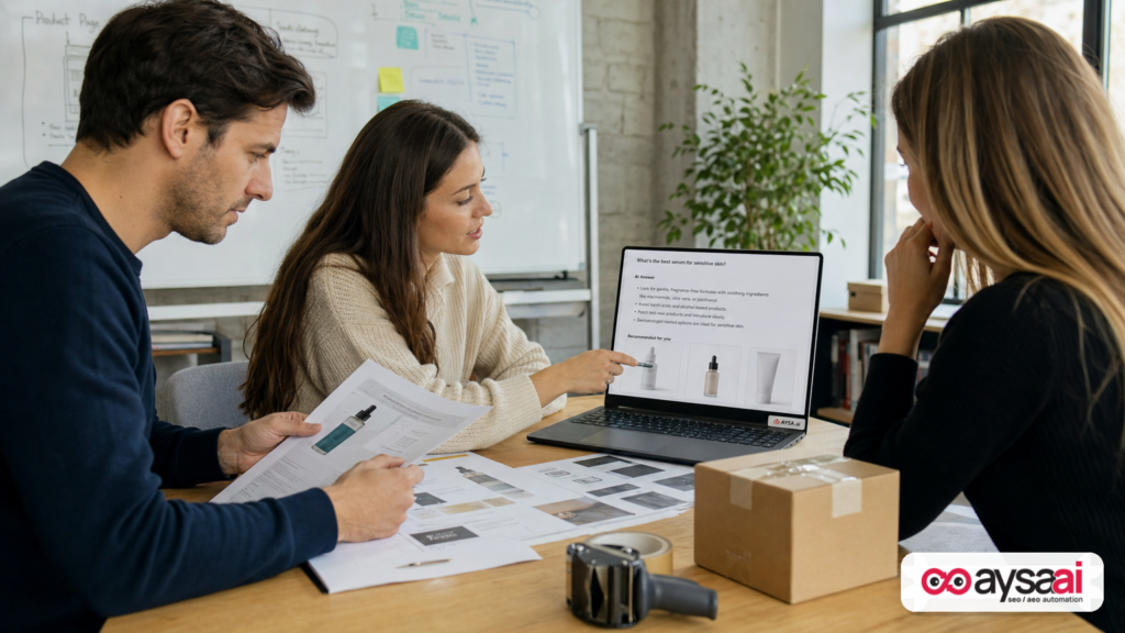 Small ecommerce team reviewing product pages and AI answer mockups during a meeting.