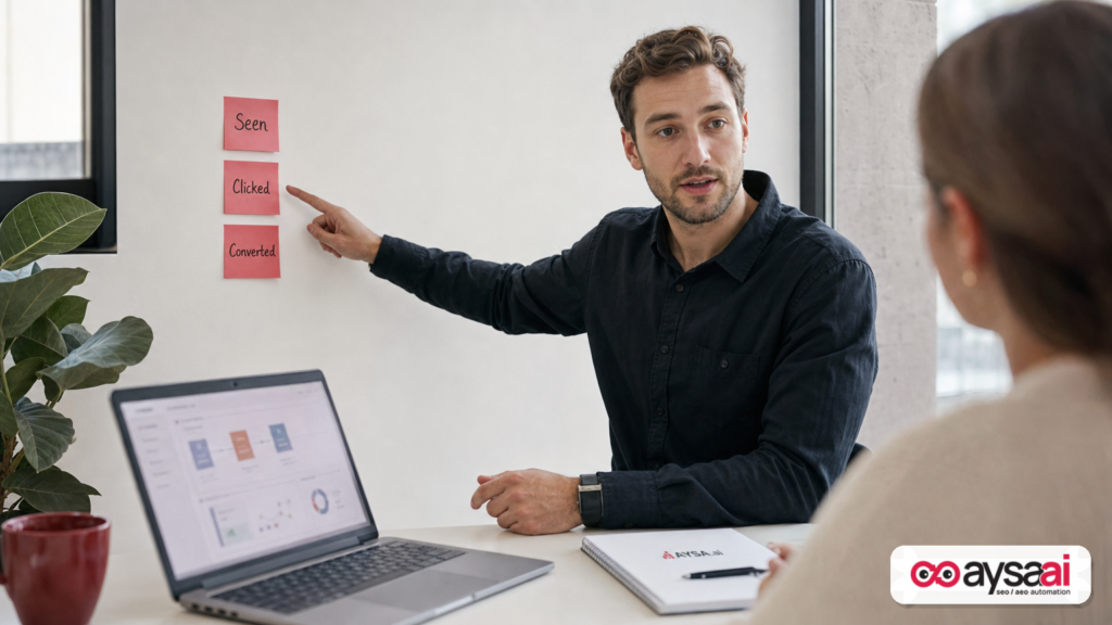 Sticky notes showing seen, clicked, and converted to represent measurement steps from visibility to outcomes.