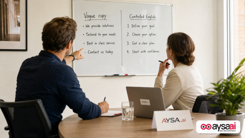 Team compares vague marketing text with controlled English rules on a whiteboard to reduce ambiguity in AI outputs.