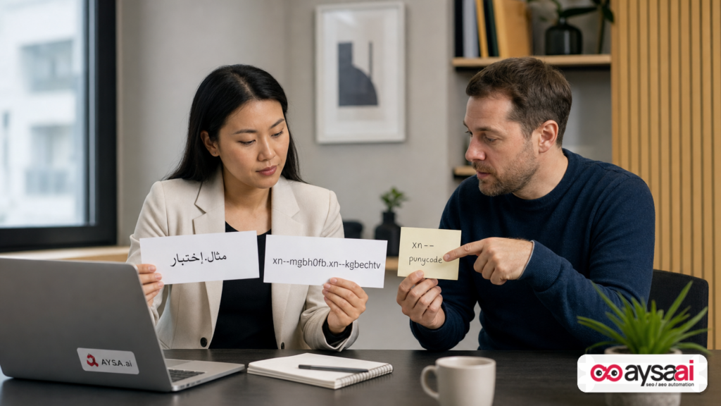 Team comparing an internationalized domain name in native script with a lookalike version and an xn-- note.