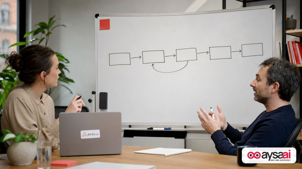 Team discussing a simple SERP validation workflow on a whiteboard.