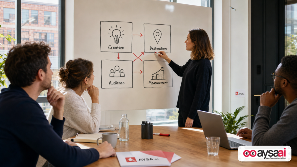 Team discussing four categories of ad automation risk on a whiteboard.