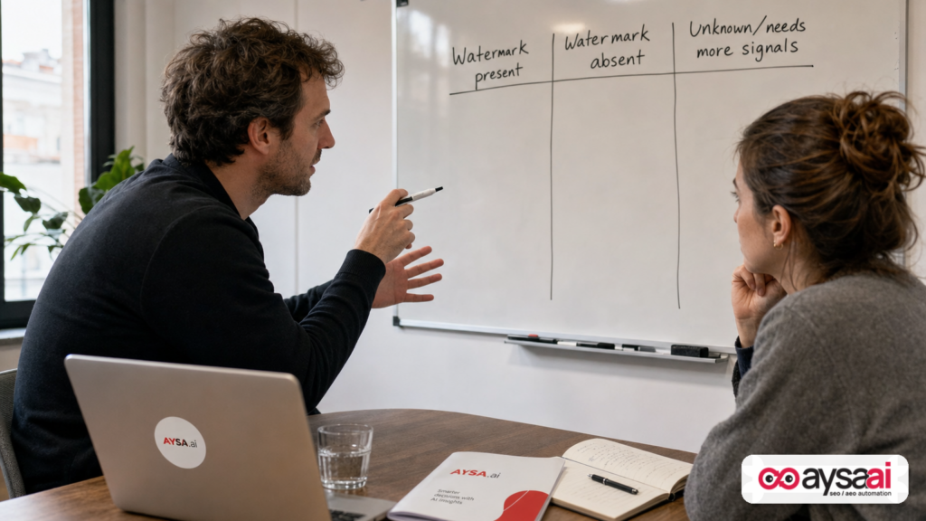 Team discussion around the difference between AI watermark detection and general AI detection.